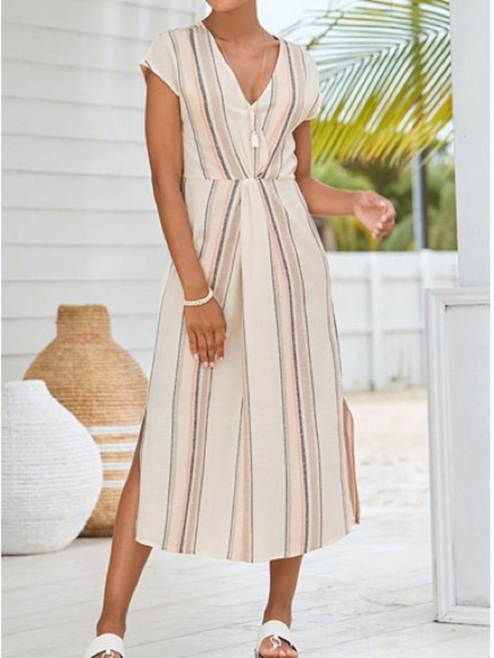 NWOT Lascana Linen Striped V-Neck Midi Maxi Dress White Swim Coverup Small Boho